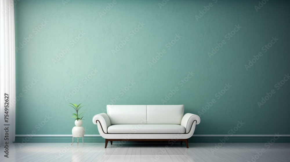 Timeless Design: Modern Comfortable Sofa and Houseplant in Soft Green Minimalist Design. Suitable for your projects and copyspace writing. - obrazy, fototapety, plakaty 