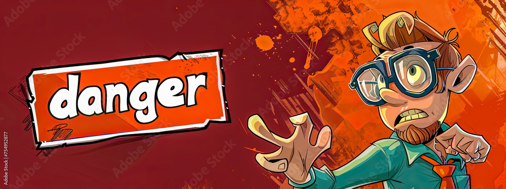 Fototapeta premium Cartoon scientist warning of danger