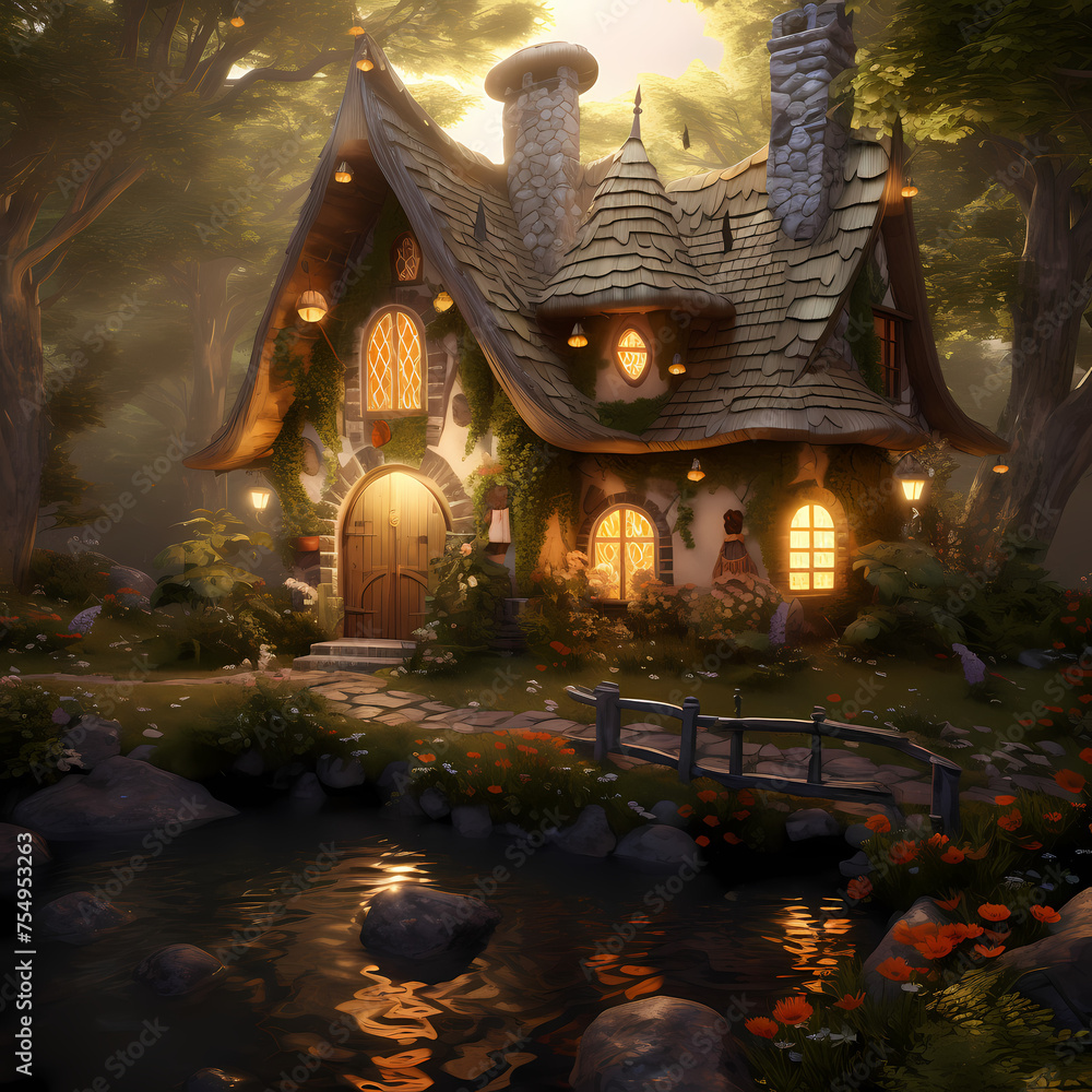 Whimsical fairytale cottage in a magical forest.