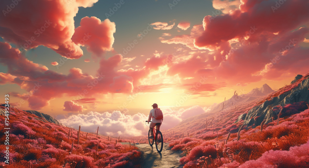 Dream cyclist on cloud trails fantasy scene.