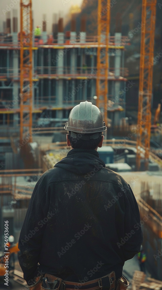 Back view of a construction engineer at work surveying the dynamic site ahead embodying the essence of progress Back view of a construction engineer at work surveying the dynamic site ahead embodying the essence of progress