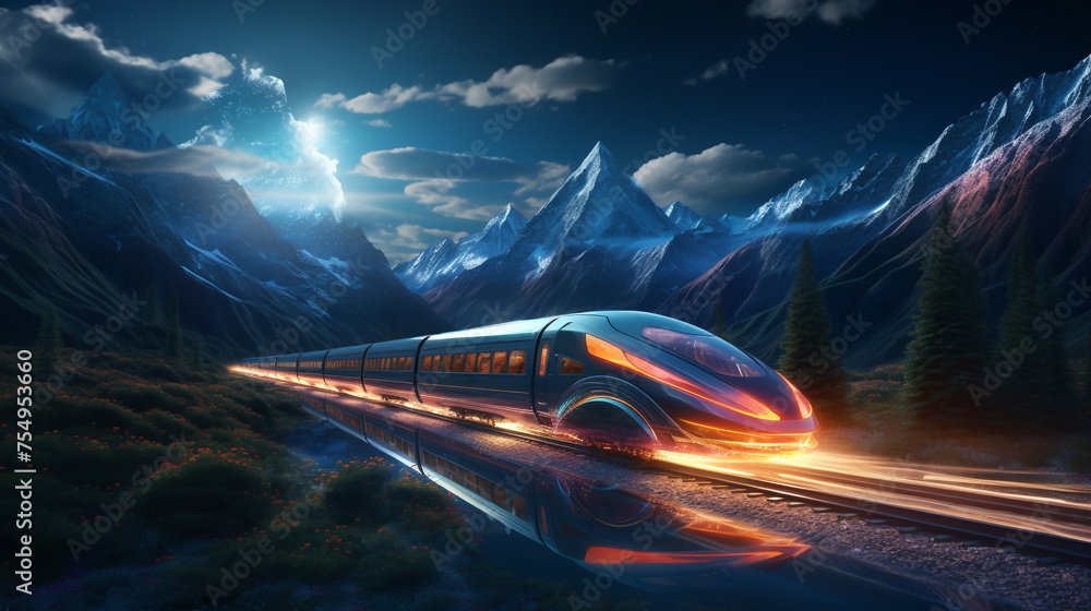 High-speed freight train moving through a mountainous landscape 3d render. Futuristic transportation with innovation technology.