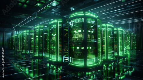 Green energy data center coexistence in neon light 3d render. Futuristic innovation technology with global business concept.