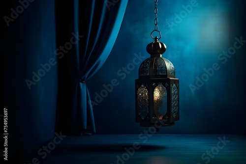 Arabic lantern with burning candles with copyspace on blue background. Ramadan Kareem greeting card
