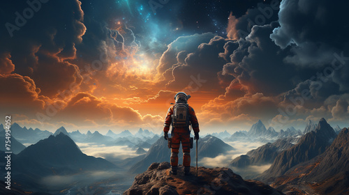 Young explorer in a cosmic landscape cinematic.3D render fantasy scene. Imagination and creative concept