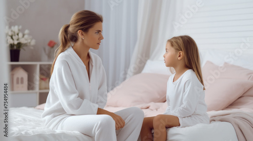 Jolly mother talking with her little girl in bedroom