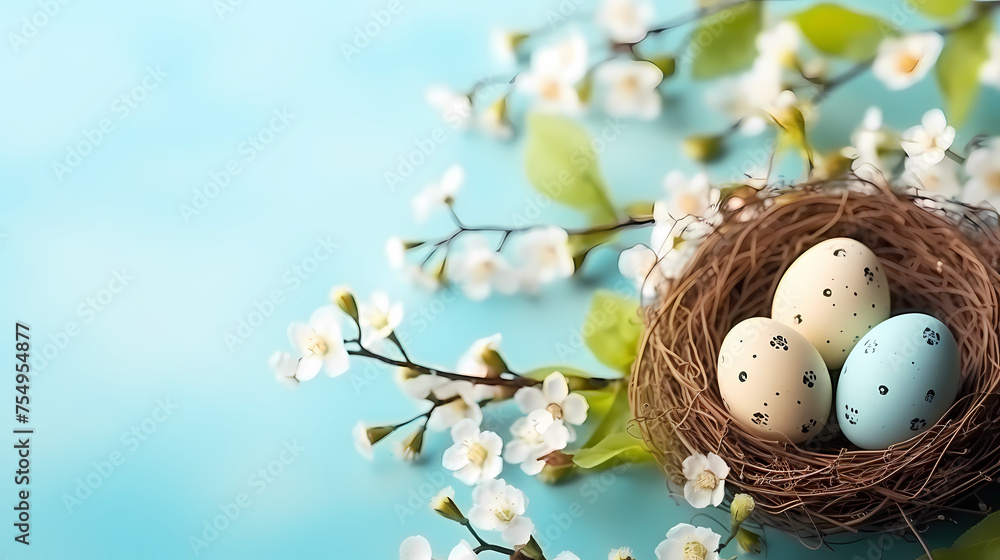 Fototapeta premium Easter themed banner with pastel colored eggs among spring plants