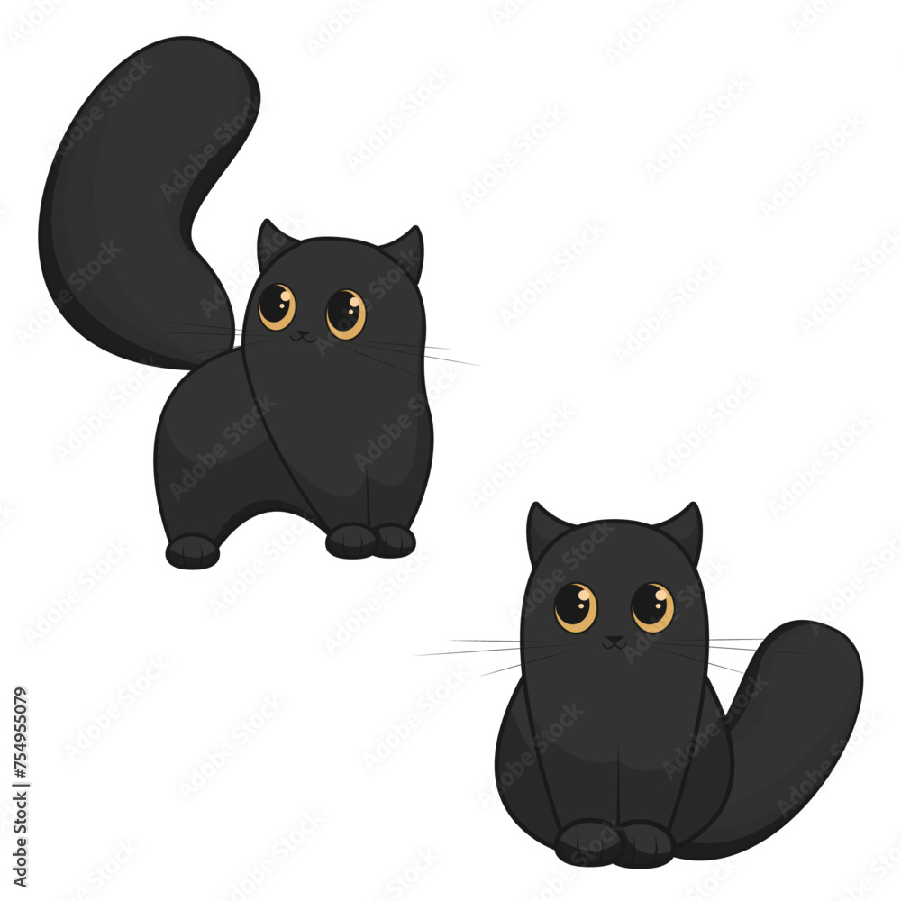 Cute cats drawing isolated. Two black cats on white background. Template for children.