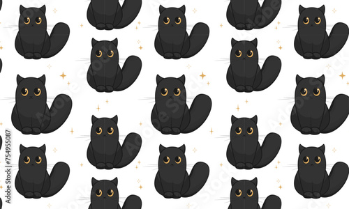 Cute seamless pattern of cats. Black cats white background. Template for kids.