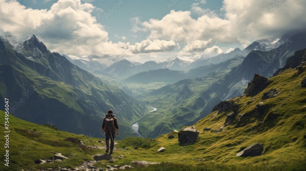Naklejka premium Adventurous man is standing on top of the mountain and enjoying the beautiful view during a vibrant sunset. Taken on top of Peak