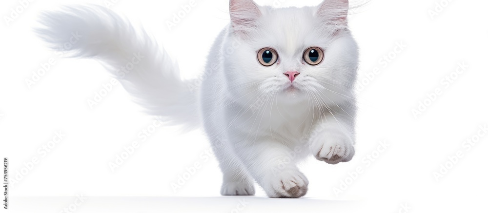 A small to mediumsized Felidae cat, a carnivorous terrestrial animal, with white fur and whiskers, running on a white background with its paws