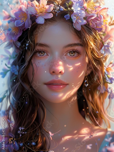 Beautiful portrait of beautiful girl with flowers with iridescent opalescent colours style