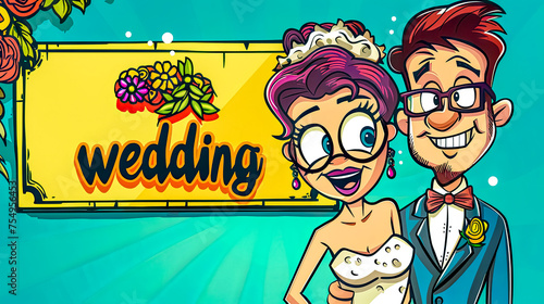 Cheerful cartoon couple wedding invitation design