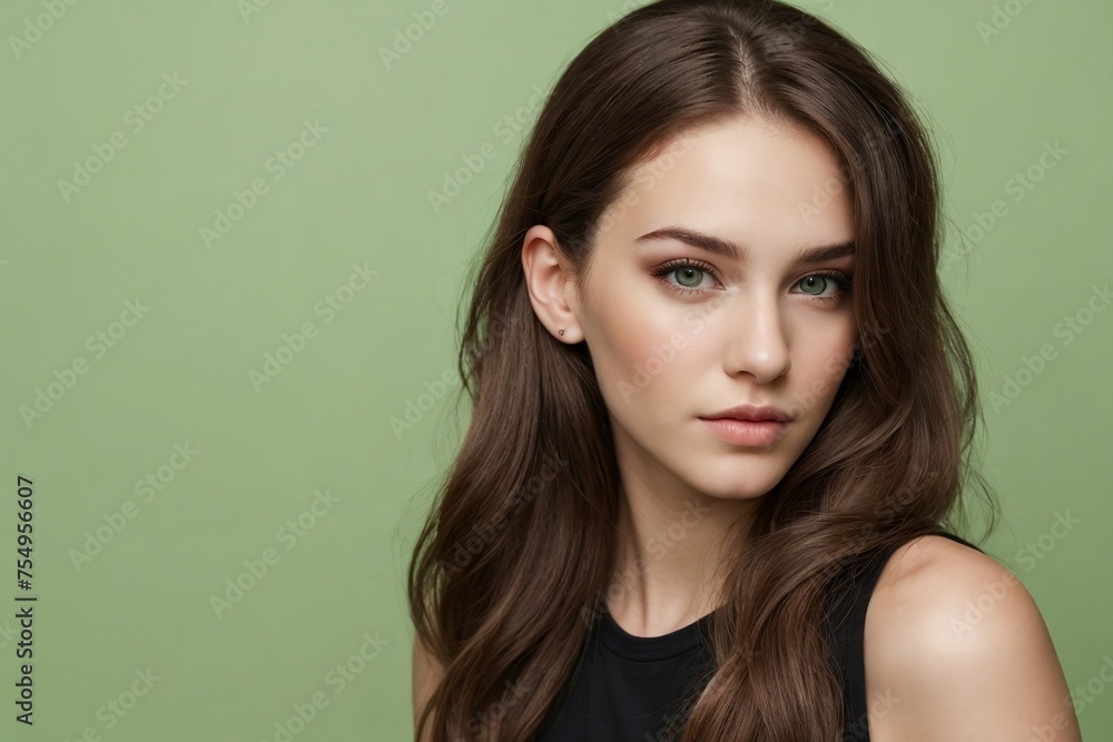 Young American woman model posing on a green background with copy space. Woman with beautiful skin. Cosmetic and Skincare Concept. Young American woman model posing on a green background with copy space. Woman with beautiful skin. Cosmetic and Skincare Concept.