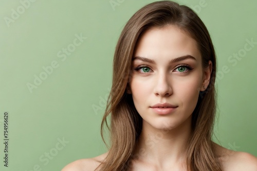 Young American woman model posing on a green background with copy space. Woman with beautiful skin. Cosmetic and Skincare Concept.