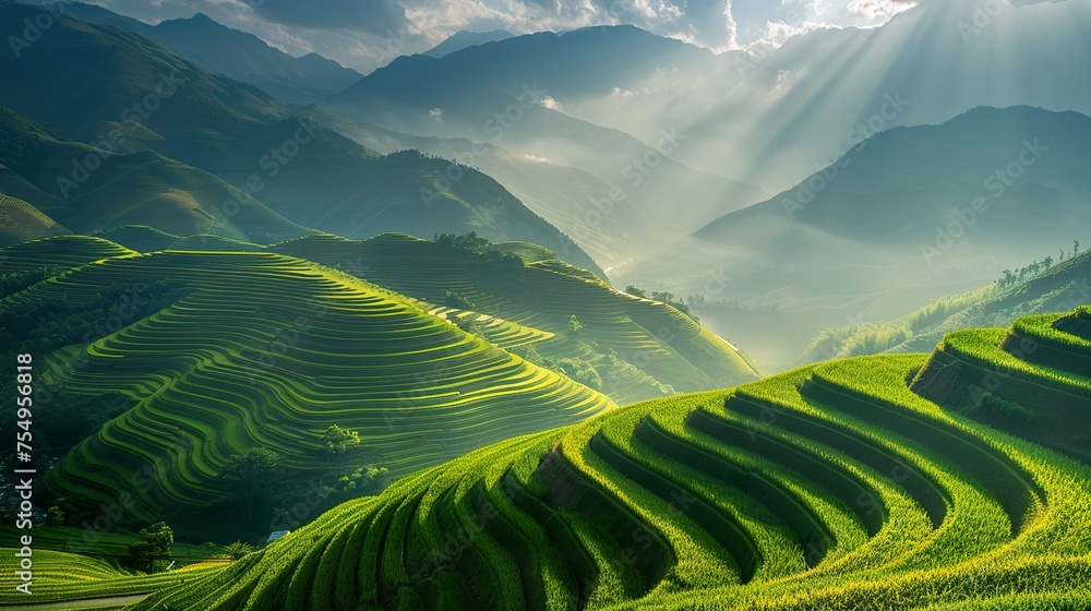 Fototapeta premium The ethereal beauty of Terraced fields landscape in lines, an enchanting wonderland of Vietnam, China, Thailand