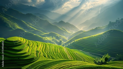 The ethereal beauty of Terraced fields landscape in lines, an enchanting wonderland of Vietnam, China, Thailand