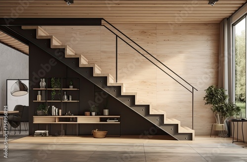 3d rendering on modern house interior with stairs in industrial elegance style