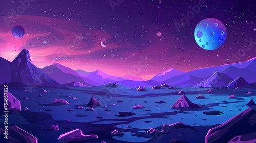 The surface of an alien planet with craters and a cosmic landscape with space bodies. Modern illustration of fantasy universe scenery for a space exploration concept.