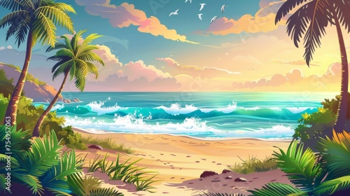 The beach on a summer island in the sea is adorned with exotic palm trees  lianas  and green grass  ocean waves washing the shore  and birds flying in the sunset sky.