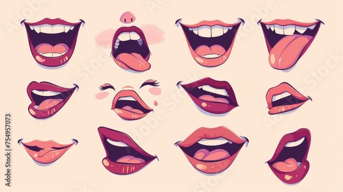 Animation kit for woman mouth with various positions of lips and tongue during speaking and pronunciation of English alphabet.