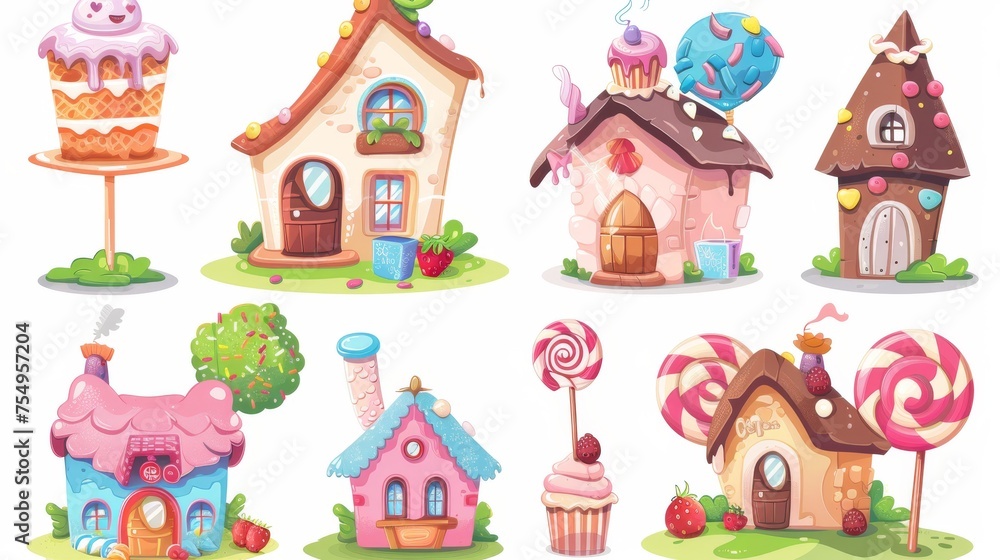 Imaginative candy land houses made from cake and cookie, chocolate and lollipop, ice cream and berries. Cartoon modern illustration set.