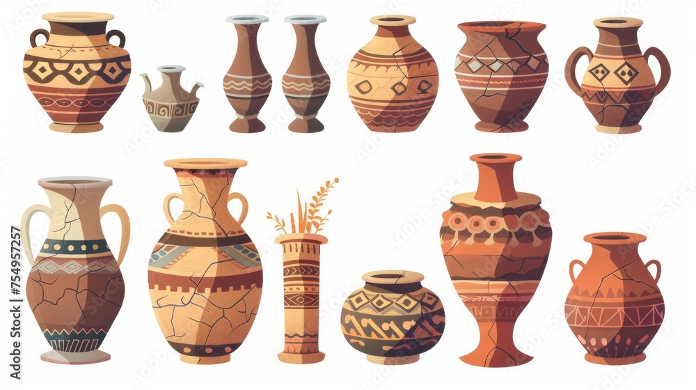 Ceramic handicraft crockery with cracks decorated with traditional patterns. Greek historical earthenware artifacts. Cartoon modern illustration. - obrazy, fototapety, plakaty 
