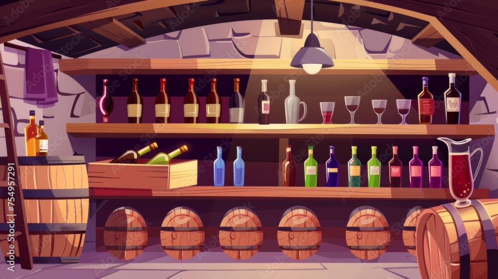 This cartoon shows a cellar interior for wine storage and tasting with glass bottles in racks, barrels on shelves, bottles in boxes and jugs on tables, hair, and glasses filled with alcohol drinks.