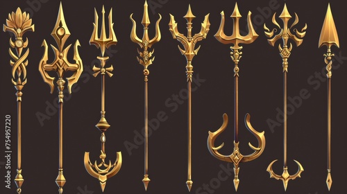 The golden trident of Poseidon, the god of the sea, used to design UI level rank graphics for video games. Cartoon modern illustration set of fantasy metallic spear with pitchfork in various stages photo