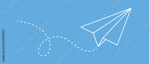 Continuous one line drawing of flying up paper plane. Creative business concept for startup and freedom and travel of craft airplane in simple linear style with blue background. photo