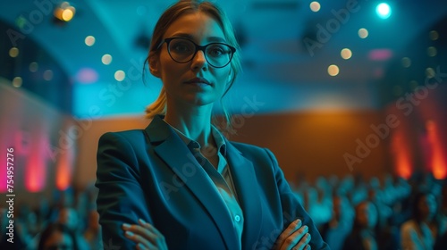 Young business woman in glasses listens attentively to a report at a conference