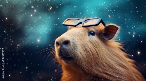 Whimsical Guinea Pig with Glasses on Starry Background © Andrei