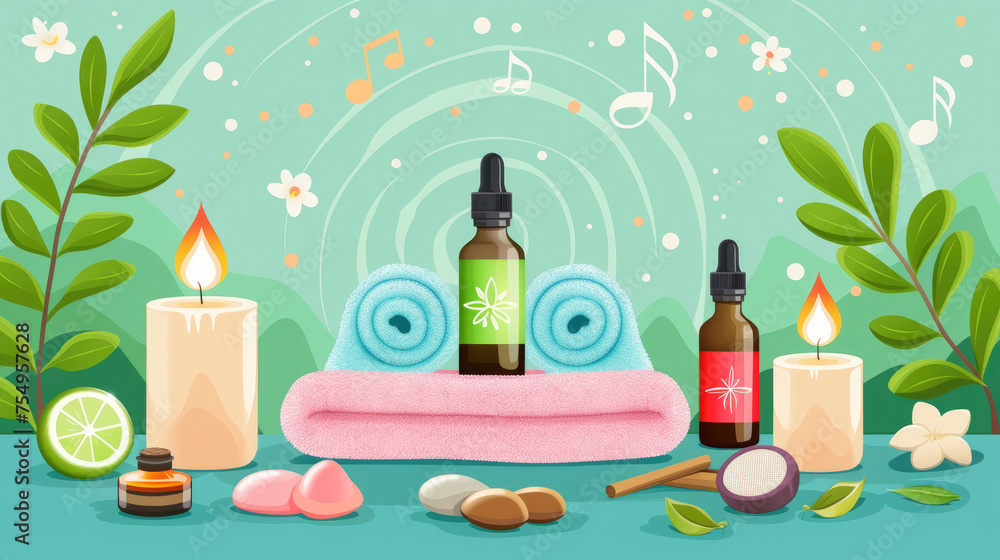 Variety of relaxation tools and techniques, such as essential oils, candles and soothing music, promoting different methods for self-care and stress relief Variety of relaxation tools and techniques, such as essential oils, candles and soothing music, promoting different methods for self-care and stress relief