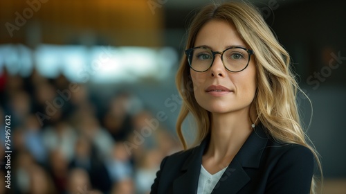 Young business woman in glasses giving a presentation in a conference against the background of people