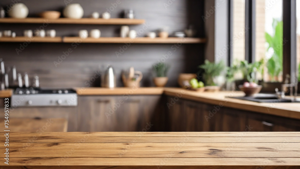 Empty wooden table and blurred background of kitchen interior. Mock up for design