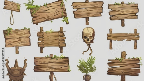 Signboards with rope and leaves on white background. Modern illustration of old direction boards, rustic nameplates with rope, human skull, green plant leaves, adventure game user interface elements.