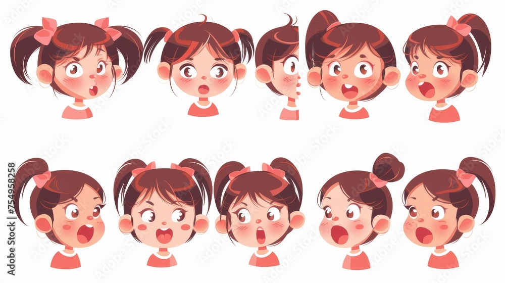 Animated cartoon modern set of cute little female child in pigtails and a variety of lip positions as she pronounces different English alphabet letters. Animated cartoon modern set of cute little female child in pigtails and a variety of lip positions as she pronounces different English alphabet letters.