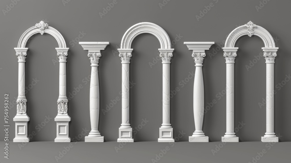 An ancient roman arch made of white clay adorned with decorative ornate carvings. Realistic 3D modern illustration set of Greek stone pillars. A classic archway of old architecture. - obrazy, fototapety, plakaty 