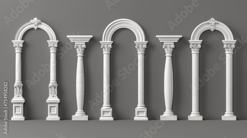An ancient roman arch made of white clay adorned with decorative ornate carvings. Realistic 3D modern illustration set of Greek stone pillars. A classic archway of old architecture. photo