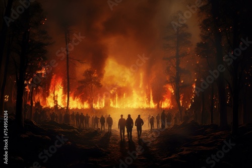 Devastating People forest burning. Heat nature. Generate Ai