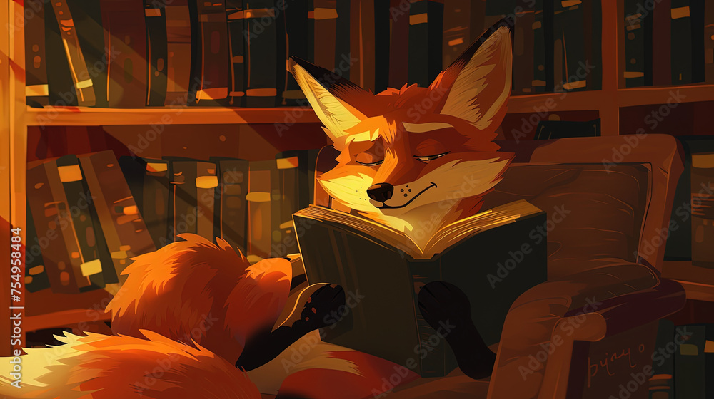 Fototapeta premium A fox sitting in a library, engrossed in reading a book