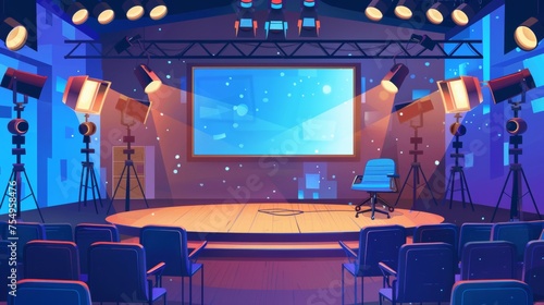 Setup of a talent show in a big hall with a microphone and loudspeakers on scene, a large screen, judges' chairs, spotlights, and television cameras. Cartoon modern of empty competition or contest photo