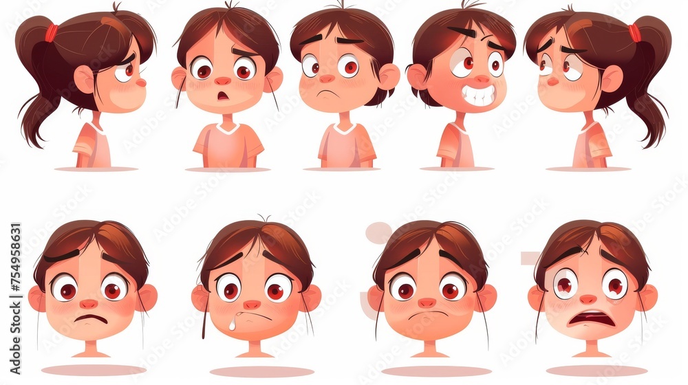 Modern illustration of a little girl with different lip positions during the pronunciation of the English alphabet letters, as well as sad and angry emotions during the pronunciation. Modern illustration of a little girl with different lip positions during the pronunciation of the English alphabet letters, as well as sad and angry emotions during the pronunciation.