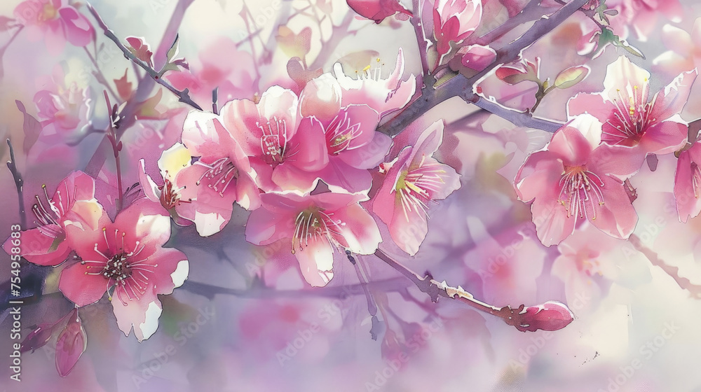 A painting depicting vibrant pink flowers blooming on a tree branch, showcasing natures beauty in full bloom