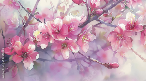 A painting depicting vibrant pink flowers blooming on a tree branch  showcasing natures beauty in full bloom