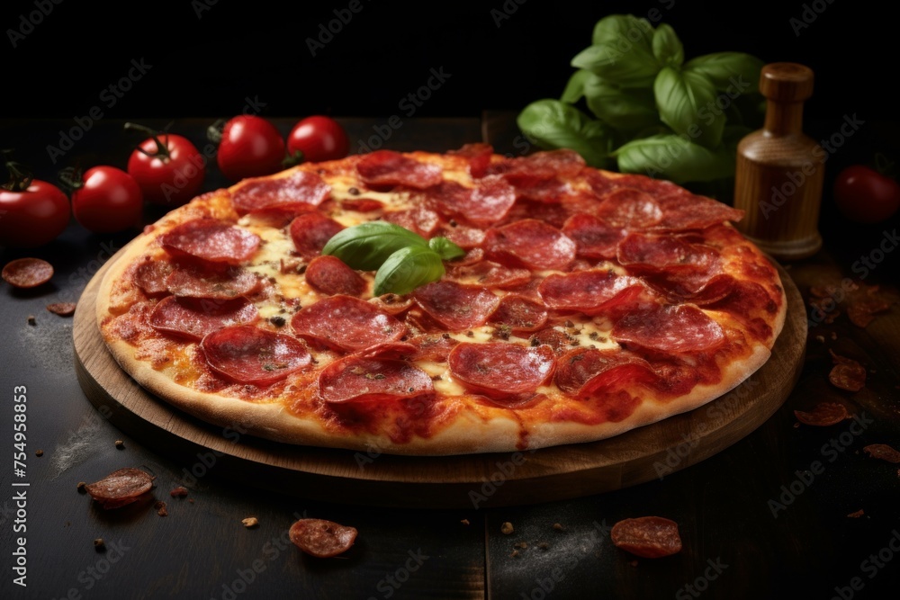 Greasy Pizza pepperoni italian table. Tasty food. Generate Ai