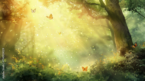 Vibrant painting of forest teeming with countless butterflies fluttering around