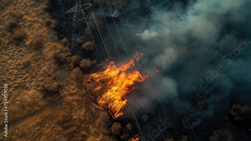 An aerial view of a small fire starting in the dry grass of a park glade under power lines, with no people in sight.