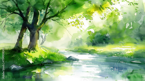Painting of river cutting through a lush green forest  with tall trees and dense foliage surrounding the serene waterway