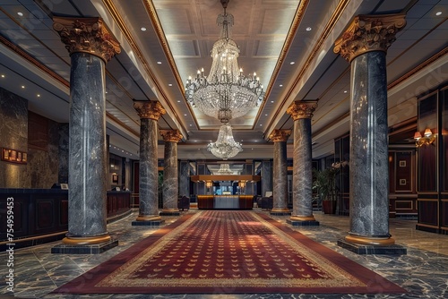A high-end hotel reception with a large  elegant chandelier  marble columns  and plush  deep red carpets. 